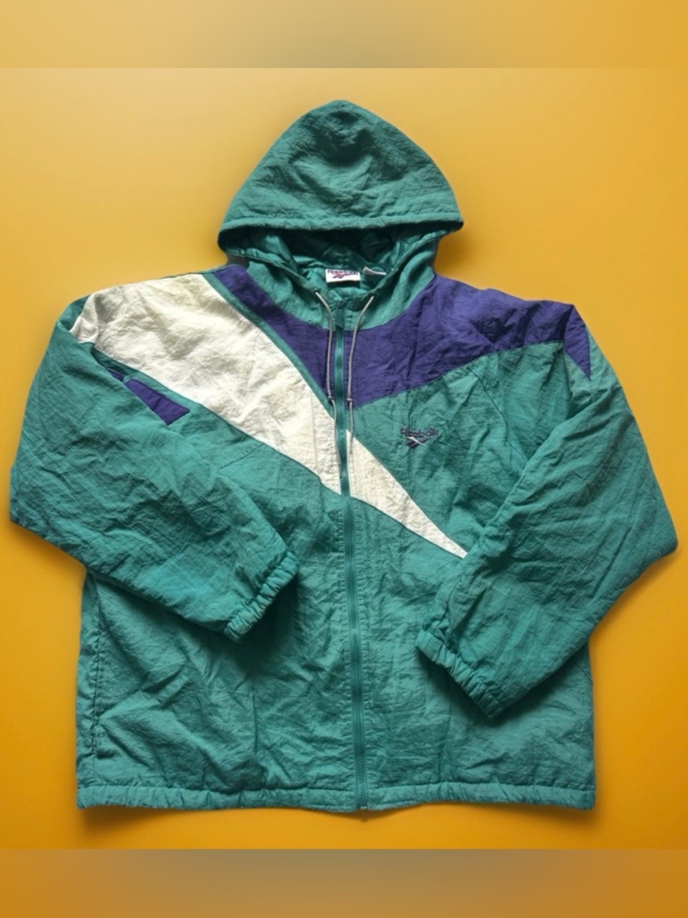 Vintage 1990 Reebok Men’s Large Teal Purple Insulated Hoody Zip Jacket